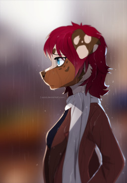 anthro black_clothing black_topwear blue_eyes blurred_background brown_clothing brown_jacket brown_nose brown_topwear cheek_tuft clothed clothing eyelashes facial_tuft female floppy_ears fur hair jacket markings medium_hair open_clothing open_jacket open_topwear raining red_hair scarf side_view snout solo spots spotted_markings topwear tuft wet wet_body wet_fur wet_hair white_scarf azzai canid canine canis domestic_dog mammal 2017 colored digital_drawing_(artwork) digital_media_(artwork) shaded