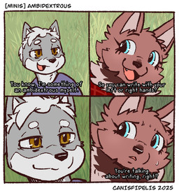 anthro biped black_nose blue_clothing blue_eyes blue_shirt blue_topwear bodily_fluids brown_body brown_fur cheek_tuft clothed clothing countershade_face countershade_fur countershading cute_fangs dialogue eyebrows facial_tuft fangs female fur grey_body grey_fur hair humor looking_aside male mouth_closed multicolored_body multicolored_fur neck_tuft open_mouth shirt short_hair solo sweat teeth text tongue topwear tuft two_tone_body two_tone_fur white_body white_countershading white_fur white_hair worried canisfidelis amy_(canisfidelis) canis_(canisfidelis) canid canine canis domestic_dog mammal maned_wolf shiba_inu spitz 2025 comic english_text meme