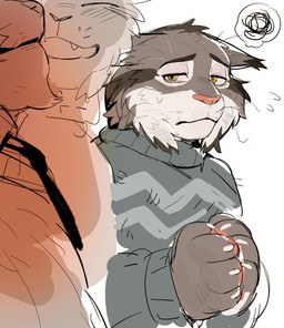anthro clothing eyes_closed faceless_character faceless_male fur grey_body grey_fur group hands_together male mouth_closed necktie nervous pink_nose sad simple_background smile standing sweater three-quarter_view topwear trio white_background white_body white_fur yellow_eyes artxtcy disney zootopia milton_lynxley pawbert_lynxley canada_lynx felid feline lynx mammal