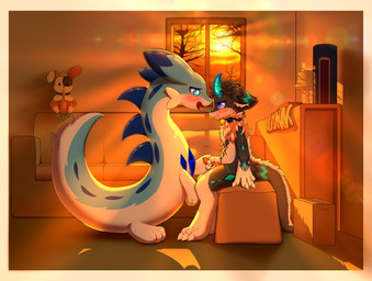 anthro anthro_on_feral bestiality duo feral fur furniture genitals light light_beam male male/male penis plushie sofa sunbeam sunlight sunset tail tongue tongue_out window bulletproof-kitty mythology palworld pocketpair chillet dragon furred_dragon furred_scalie humanoid mythological_creature mythological_scalie pal_(species) scalie 2024 absurd_res hi_res