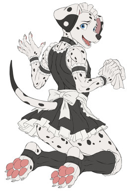 anthro black_nose black_spots blue_eyes bottomless bottomless_anthro bottomless_male butt claws clothed clothing collar crossdressing crossdressing_male feet finger_claws floppy_ears folded_ears footwear frilly frilly_clothing fur furgonomic_footwear furgonomics kemono looking_at_viewer looking_back maid_uniform male markings pawpads paws skimpy solo spots spotted_body spotted_fur toe_claws uniform white_body white_fur xioy384133 canid canine canis dalmatian domestic_dog mammal absurd_res hi_res