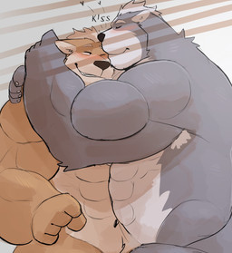abs anthro barazoku blush duo fur grey_body grey_fur hug hugging_another lying male male/male multicolored_body multicolored_fur muscular muscular_anthro muscular_male nude nude_anthro on_side onomatopoeia sound_effects tan_body tan_fur text two_tone_body two_tone_fur vitashi nintendo star_fox fox_mccloud wolf_o'donnell canid canine canis fox mammal wolf absurd_res half-length_portrait hi_res portrait