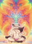 abstract_background anthro black_white_body claws clothed clothing colorful_background eyes_closed fluffy fluffy_tail fur gold_(metal) gold_jewelry inner_ear_fluff jewelry male mandala meditation partially_clothed pawpads paws psychedelic psychedelic_background sitting smile solo tail teeth tuft piiunivers kamin_(character) canid canine canis hybrid mammal wolf colorful_theme hi_res