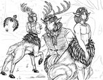 antlers clothed clothing flower group hooves horn male partially_clothed plant shirtless sitting trio syndhart centaurworld netflix the_nowhere_king_(centaurworld) arthropod arthropod_taur avian avian_taur bee bird bird_taur cervine cervine_taur deer deer_taur elk hymenopteran insect insect_taur mammal mammal_taur taur hi_res monochrome sketch_page