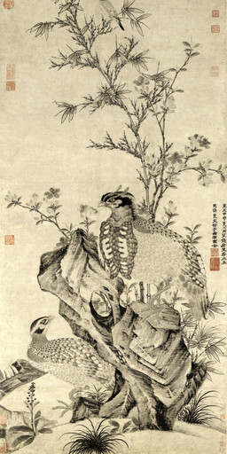 ambiguous_feral ambiguous_gender avian_feet bamboo bamboo_tree beak biped bipedal_feral branch detailed_background feathered_wings feathers feral flower flying grass group looking_at_viewer looking_back looking_back_at_viewer looking_up_at_another markings on_branch outside plant raised_foot rock scuted_feet scuted_legs scutes side_view spots spotted_body spotted_feathers spread_wings standing tail tail_feathers text tree wings wang_yuan avian bird galliform oscine passerine phasianid sparrow tragopan 1344 14th_century absurd_res ancient_art chinese_text hi_res painting_(artwork) traditional_media_(artwork) traditional_painting_(artwork)