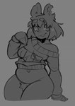 animal_ears belly bottomless bottomless_female bottomless_humanoid breasts circle_eyebrows clothed clothing eye_through_hair eyebrow_through_hair eyebrows female female_humanoid front_view grey_background hair navel notched_ear off_shoulder open_mouth open_smile pubes short_hair simple_background slightly_chubby slightly_chubby_female slightly_chubby_humanoid smile solo sweater thick_thighs topwear translucent translucent_hair derpyfox_36 soda_(derpyfox_36) animal_humanoid bear humanoid mammal mammal_humanoid ursid_humanoid 2023 digital_drawing_(artwork) digital_media_(artwork) monochrome portrait three-quarter_portrait