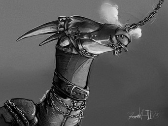 2_horns ambiguous_gender bdsm blinders bondage bound chain chained collar eyewear feral hood horn lock muzzle_(object) muzzled sharp_teeth smoke smoke_from_nose solo teeth drangir mythology vlooi dragon mythological_creature mythological_scalie scalie 2023 bust_portrait dated greyscale hi_res monochrome portrait shaded signature male_(lore)