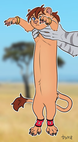 ambiguous_gender anklet anthro being_held blue_eyes bracelet brown_hair claws duo feral fur grey_body grey_fur hair jewelry orange_body orange_fur pawpads paws round_ears savanna stripes tail tail_tuft toony tuft dxm8 longcat raziya_(racheltheseeker) felid lion mammal pantherine hi_res meme signature female_(lore)