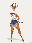 action_pose anthro bottomwear clothing denim denim_bottomwear denim_clothing denim_shorts ed_(u4e) femboy handkerchief hands_on_hips hoof_hands hooves horn kerchief looking_at_viewer male pose shorts solo tail thick_thighs tight_clothing u4e antelope bovid gerenuk mammal true_antelope digital_media_(artwork) hi_res pixel_(artwork)