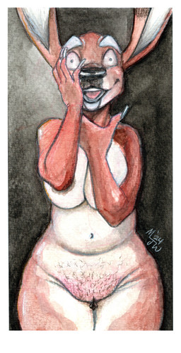 anthro areola big_breasts big_ears biped black_background black_nose breasts brown_areola colored_nails covering covering_breasts crazed_look crazy_eyes female genitals hand_on_face inner_labia insane long_nails manicure nails navel open_mouth pubes pupils simple_background smile solo teeth thousand_yard_stare vulva white_nails white_sclera wide_eyed wide_hips mjw_darkmode acacia_(mjw_darkmode) deer mammal 2024 hi_res signature traditional_media_(artwork)