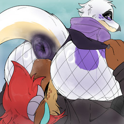 anthro anus beak big_anus big_butt blush blush_lines bodily_fluids brown_body butt butt_sniffing clothing cunnilingus duo eyelashes facesitting female female_facesitting_male fishnet_clothing fishnet_legwear freckled_face freckles fur glistening_eyelids hair horn legwear long_eyelashes male male/female markings musk oral purple_anus red_hair sex sitting sitting_on_another smile sniffing spots sweat tail tuft vaginal white_body scrambledeve yeenity dinosaur hyena mammal prehistoric_species reptile scalie spotted_hyena absurd_res hi_res