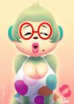 anthro big_breasts breasts cleavage clothed clothing eyes_closed eyewear female glasses hair kiss_mark lips lipstick makeup markings mole_(marking) open_mouth pattern_clothing pink_lipstick simple_background spots spotted_clothing wide_hipped_female wide_hips sirredbenjamin animal_crossing nintendo elise_(animal_crossing) haplorhine mammal monkey primate 2019 digital_media_(artwork) hi_res signature