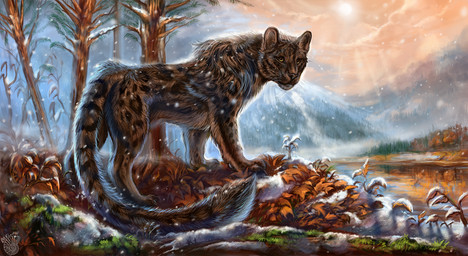 amber_eyes ambiguous_gender autumn black_body black_fur black_lips black_nose black_spots brown_body brown_fur butt cloud day detailed_background digitigrade feet feral forest fur grey_body grey_fur hair hindpaw inner_ear_fluff landscape leaf leopard_spots light lips long_mouth looking_at_viewer mane mane_hair markings melanistic mountain nature no_sclera nude outside paws photorealism plant realistic reflection river shadow side_view sky snout snow solo spots spotted_body spotted_fur standing sun sunlight tree tuft water whiskers flashw siegmar felid leopard mammal pantherine 2015 detailed digital_media_(artwork) digital_painting_(artwork) hi_res painting_(artwork)
