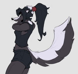 anthro armpit_hair big_tail black_body black_fur black_hair black_nose body_hair bottomwear clothed clothed_anthro clothed_female clothing eyebrows female fluffy fluffy_tail fur green_eyes hair hotpants ponytail shirt shorts solo tail tank_top thick_eyebrows topwear whiskers sharkrags dizzi_(sharkrags) mammal mephitid skunk werecreature weremephitid wereskunk hi_res