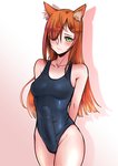 blush breasts bulge cleavage clothed clothing detailed_bulge erection erection_under_clothing genital_outline green_eyes gynomorph hair intersex looking_at_viewer one-piece_swimsuit orange_hair penis_outline solo swimwear lightingsaber animal_humanoid canid canid_humanoid canine canine_humanoid fox_humanoid humanoid mammal mammal_humanoid absurd_res hi_res