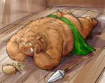 anthro barazoku bean bean_(legume) clothed clothing food fruit hand_on_face inside kemono legume lying male melee_weapon muscular muscular_anthro muscular_male obese obese_anthro obese_male on_front overweight overweight_anthro overweight_male partially_clothed plant polearm solo spear weapon kotobuki dragon_quest square_enix mammal orc_(dragon_quest) suid suine sus_(pig) wild_boar 2015 digital_media_(artwork) sketch