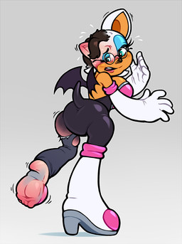breasts brown_hair butt clothing eyewear female footwear glasses gloves hair handwear high_heels human_to_anthro looking_back membrane_(anatomy) membranous_wings on_one_leg open_mouth round_glasses shoes simple_background solo species_transformation standing tail tf_into_fictional_character transformation wings fwingerz sega sonic_the_hedgehog_(series) rouge_the_bat bat human mammal 2024 digital_media_(artwork)