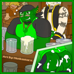 alcohol bar beer beverage bodily_fluids clothing cum drunk duo ear_piercing facial_hair genital_fluids green_body green_skin hair jewelry male male/male muscular necklace piercing public_use substance_intoxication conditional_dnp notkastar hilgar_(notkastar) elf felid human humanoid mammal orc 1:1 hi_res