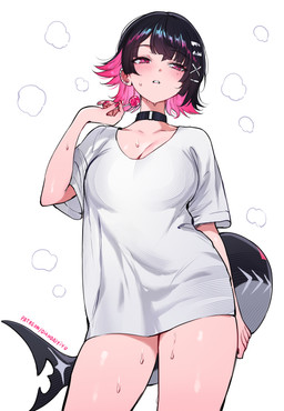 accessory big_breasts black_choker black_hair black_jewelry black_necklace blush blush_lines bodily_fluids breasts candy choker cleavage clothed clothing dessert ear_piercing female fish_tail food hair hair_accessory hairclip holding_candy holding_food holding_lollipop holding_object jewelry lollipop long_shirt mole_under_eye necklace piercing pink_eyes pink_hair shark_tail shirt short_hair short_sleeves simple_background solo sweat sweaty_body text topwear white_background white_clothing white_shirt white_topwear qiandaiyiyu mihoyo zenless_zone_zero ellen_joe animal_humanoid fish fish_humanoid humanoid marine marine_humanoid shark_humanoid thiren absurd_res digital_drawing_(artwork) digital_media_(artwork) hi_res url