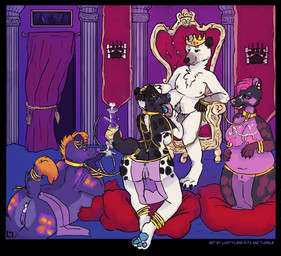 anthro bodily_fluids breasts chair crown cum cum_in_ass cum_inside cum_on_breasts cum_on_face fellatio female foursome furniture genital_fluids group group_sex harem harem_outfit headgear hookah king male male/female nipples oral penile royalty sex smoke throne conditional_dnp lustylamb bear hyena mammal polar_bear spotted_hyena ursine detailed hi_res