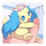 ambiguous_gender anthro biped blue_body blue_fur bodily_fluids duo ejaculation erection fur genitals handjob humanoid_genitalia humanoid_penis male penile penis saliva sex yellow_body yellow_fur kekitopu jewelpet sanrio sega sega_fave sapphie_(jewelpet) human lagomorph leporid mammal rabbit 2024 hi_res