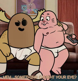 anthro arm_around_shoulders bottomwear bulge bulge_size_difference casual_erection clothed clothing dialogue duo erection erection_under_clothing eyebrows footwear furniture horn looking_at_bulge male male/male nipples obese obese_anthro obese_male overweight overweight_anthro overweight_male raised_eyebrow sandals shoes smile socks_with_sandals sofa teasing text underwear underwear_only joalmidon cartoon_network the_amazing_world_of_gumball patrick_fitzgerald richard_watterson lagomorph leporid mammal rabbit absurd_res english_text hi_res