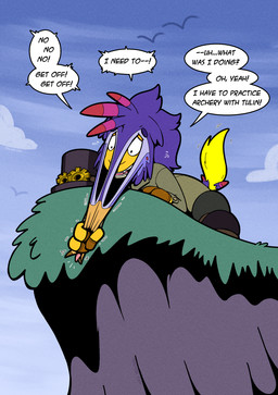 bodily_fluids cliff clothing dialogue fur grass hat headgear headwear kyrii_millaroth mask_transformation mid_transformation mind_wipe orange_body orange_fur plant purple_body sky solo speech_bubble stretching_face sweat sweatdrop text top_hat transformation twinning trevor-fox neopets nintendo the_legend_of_zelda trevor-fox_(character) avian kyrii neopet_(species) rito english_text hi_res