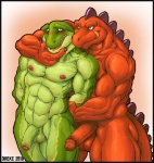 abs anthro balls biceps big_muscles big_penis blush brown_body brown_nipples brown_penis brown_skin claws duo erection fangs foreskin genitals green_body green_eyes green_penis green_scales green_skin grin hand_on_face horn humanoid_genitalia humanoid_penis interspecies male male/male muscular muscular_male nipples non-mammal_balls non-mammal_nipples nude open_mouth orange_body orange_scales partially_retracted_foreskin pecs penis pose predator/prey restrained retracted_foreskin scales smile standing submissive tail teeth tongue tongue_out dreke kung_fu_dino_posse chow_(kfdp) kane_(kfdp) dinosaur ornithischian prehistoric_species reptile scalie stegosaurian stegosaurus theropod thyreophoran tyrannosaurid tyrannosauroid tyrannosaurus tyrannosaurus_rex 2010