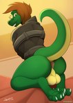 anthro anus balls bdsm bondage bound brown_eyes brown_hair butt crocodile crocodilian crocodylid eyewear genitals glasses green_body green_scales hair hi_res looking_at_viewer male paws reptile restraints scales scalie simple_background solo spinal22 straitjacket