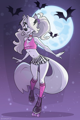 anthro bottomwear choker clothed clothing crop_top ear_piercing ear_ring fangs femboy footwear furgonomics hair holidays jewelry knee_highs knee_socks legwear long_hair male miniskirt moon necklace piercing quad_skates ring_piercing roller_skates shirt skinny skirt socks solo spindly tail tail_through_skirt teeth topwear y2k_(fashion) cadaverrdog halloween casmir_(cadaverrdog) canid canine canis domestic_dog mammal vampire hi_res