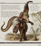 anthro big_breasts breasts cleavage clothed clothing dialogue duo female huge_breasts jewelry larger_female male male/female plant size_difference text upai dinosaur hadrosaurid ornithischian ornithopod parasaurolophus prehistoric_species reptile scalie absurd_res english_text hi_res