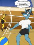 3:4 anthro anthrofied ball bottomwear clothed clothing comic cooper_(fuze) english_text fully_clothed fuze generation_1_pokemon generation_4_pokemon hi_res male nintendo pikachu pokemon pokemon_(species) riolu shirt shorts skyler_(fuze) sport t-shirt tank_top text topwear volleyball volleyball_(ball)