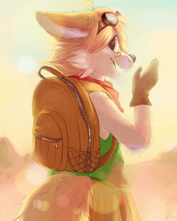 anthro backlighting backpack clothing day eyewear female fur gloves goggles handwear light open_mouth open_smile outside smile solo white_body white_fur yellow_body yellow_fur dogsnacks_(artist) keats_(artist) canid canine fennec_fox fox mammal true_fox 2016 absurd_res digital_media_(artwork) hi_res lighting signature