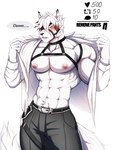 abs anthro clothed clothing deltoids fur interaction_drive male nipples pecs solo striped_body striped_fur stripes text topless topless_male itann mihoyo zenless_zone_zero von_lycaon canid canine canis mammal wolf english_text hi_res