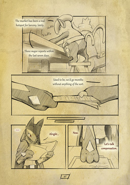 anthro biped cloak clothing dialogue ellipsis furniture group hand_spike hat headgear headwear key male page_number paper reading red_eyes spikes spikes_(anatomy) table text trio truescorn nintendo pokemon pokemon_mystery_dungeon shadows_for_hire spike_chunsoft asche_(truescorn) generation_2_pokemon generation_3_pokemon generation_4_pokemon generation_6_pokemon grumpig klefki lucario pokemon_(species) slowking 2025 comic english_text hi_res