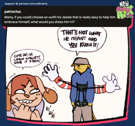annoyed anthro ask_blog asking black_nose blue_clothing blue_sweater blue_topwear bottomwear brown_hair brown_nose clothed clothed_anthro clothed_male clothing exclamation_point femboy fully_clothed fully_clothed_anthro fully_clothed_male fur giggling grey_bottomwear grey_clothing grey_pants hair long_ears looking_at_another looking_back looking_back_at_another male pants shirt simple_background speech_bubble sweater teeth text topwear white_background yellow_body yellow_fur doxy marty_(onta) canid canine canis domestic_dog mammal 2025 alpha_channel digital_media_(artwork) english_text