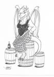 alcohol anthro barrel beverage biped bottle breasts container female grin hand_on_hip horn looking_at_viewer non-mammal_breasts simple_background sitting smile solo tail rabbi-tom european_mythology mythology tylyddar dragon mythological_creature mythological_scalie scalie western_dragon 2018 greyscale monochrome