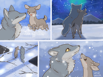 ambiguous_gender brown_body brown_fur duo eyes_closed feral fur grey_body grey_fur hooves mountain night open_mouth outside sky snow snowing star winter yellow_eyes fusau canid canine canis deer mammal wolf 2024 4:3 comic hi_res