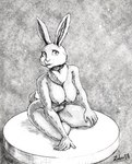 anthro breasts ears_up female humanoid_hands looking_at_viewer neck_tuft nipples nude sitting solo tuft sabrotiger doom_(series) id_software microsoft daisy_(doom) lagomorph leporid mammal rabbit 2023 full-length_portrait greyscale hi_res line_art monochrome portrait