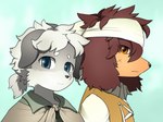 accessory anthro blue_eyes brown_body brown_eyes brown_fur duo floppy_ears fur grey_body grey_fur hair headband kemono male ponytail scar smile white_hair young tobihiroguzai basset_hound canid canine canis dobermann domestic_dog hunting_dog mammal pinscher scent_hound hi_res