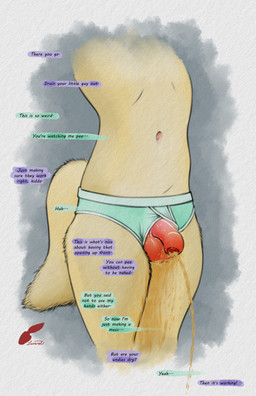 anthro balls blue_briefs blue_clothing blue_underwear bodily_fluids briefs bulge clothed clothing dialogue flaccid foreskin fur genital_fluids genitals humanoid_genitalia humanoid_penis male male_peeing navel partially_retracted_foreskin peeing penis penis_poking_out simple_background solo speech_bubble standing tail text topless topless_anthro topless_male underwear underwear_only urine urine_on_leg urine_on_self urine_stream watersports white_seam_briefs young young_anthro young_male redleveret canid canine mammal absurd_res digital_media_(artwork) english_text hi_res