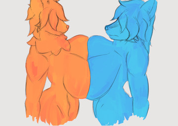 anthro big_breasts blue_body blue_fluff_(goat_dog) blue_fur breast_squish breasts breasts_frottage duo female female/female fluffy frown fur hair hair_over_eyes huge_breasts muscular muscular_female orange_body orange_fluff_(goat_dog) orange_fur pressing_breasts_together smile squish standing goat_dog_(artist) canid canine canis mammal wolf absurd_res hi_res