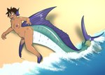 beach breasts gender_transformation genitals green_body green_scales gynomorph hair intersex mid_transformation nipples nude sand scales seaside solo species_transformation surprise transformation water halcy0n billfish fish human istiophoriform mammal marine marlin hi_res