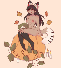 3_toes 4_fingers anthro areola arm_tuft autumn back_stripes bangs bent_legs biped black_body black_ear_tips black_eyebrows black_fur black_hair black_stripes blue_eyes blush blush_lines breasts candle cheek_tuft dipstick_ears dipstick_tail ear_markings elbow_tuft eyebrow_through_hair eyebrows eyelashes eyelashes_through_hair facial_tuft feet female female_anthro fingers fire food fruit fur grey_body grey_fur grey_inner_ear_fluff grey_tail hair inner_ear_fluff knee_tuft leg_tuft light lit_candle long_hair long_tail looking_at_viewer markings medium_breasts multicolored_body multicolored_ears multicolored_fur nipples nude nude_anthro nude_female open_mouth open_smile pink_areola pink_nipples pink_tongue plant pumpkin red_inner_ear red_nose simple_background sitting_on_pumpkin smile smiling_at_viewer solo straight_arm striped_markings striped_tail stripes tail tail_markings tan_background toes tongue translucent translucent_hair tuft white_tail_tip suzeart bam_(khainethewolf) domestic_cat felid feline felis mammal 2024 colored digital_drawing_(artwork) digital_media_(artwork) english_description hi_res lighting shaded