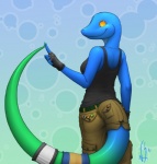 2011 abstract_background anthro biped blue_anole bottomwear breasts cargo_pants clothed clothing dactyloid eliza_(vader-san) female fingerless_gloves furgonomics gloves handwear lizard non-mammal_breasts pants rear_view reptile scalie smile solo standing tail tail_button_bottoms tail_clothing thick_tail vader-san