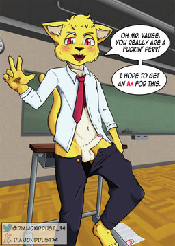 academic_grade anthro balls bodily_fluids classroom claws clothing foreskin genital_fluids genitals humanoid_genitalia humanoid_penis male necktie pedophilia_humiliation penis precum profanity red_eyes school school_uniform small_balls small_penis solo text uniform yellow_body young young_anthro young_male diamond_dust_(artist) domestic_cat felid feline felis mammal absurd_res english_text hi_res