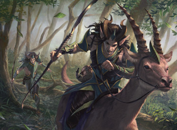 ambiguous_gender armor brown_body brown_fur forest fur group holding_melee_weapon holding_object holding_polearm holding_spear holding_weapon horn humanoid_pointy_ears male melee_weapon plant pointy_ears polearm riding spear tail tree weapon lie_setiawan hasbro magic:_the_gathering wizards_of_the_coast deer elf humanoid mammal hi_res official_art