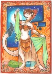 anthro arabian armor bracers breasts clothed clothing collar feathers female gem partially_clothed solo tail grostenmeiers suane_(suane_lightfurr) mammal mustelid musteline silvex stoat true_musteline weasel hi_res mixed_media traditional_media_(artwork)