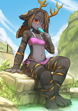 4_ears 4_fingers 4_toes anthro antlers barefoot blush breasts claws clothed clothed_anthro clothed_female clothing cloud day eating feet female female_anthro finger_claws fingers floppy_ears food fur grey_body grey_fur grey_hair hair holding_food holding_object holding_popsicle horn looking_at_viewer lop_ears midriff multi_ear navel open_mouth orange_body orange_fur orange_hair outside pawpads paws popsicle rock sitting sky small_breasts solo swimwear toe_claws toes tongue two-piece_swimsuit water young young_anthro young_female echowocha hybrid jackalope lagomorph mammal 2023 absurd_res digital_media_(artwork) hi_res