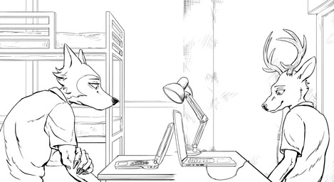anthro antlers bed bedroom clothed clothing collared_shirt computer dress_shirt duo electronics furniture horn inside lamp laptop looking_at_computer looking_at_object male shirt side_view sitting smile table topwear ffog beastars legoshi_(beastars) louis_(beastars) canid canine canis cervine deer mammal red_deer wolf 2021 absurd_res black_and_white hi_res monochrome